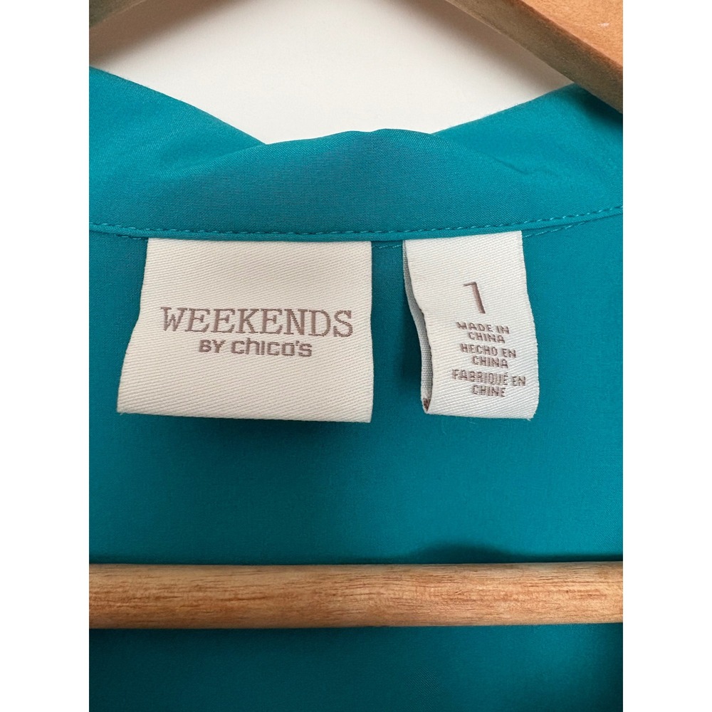 Weekends by Chicos Activewear Reflective Teal Blue Full Zip Vest Trim 1 M - Picture 3 of 7